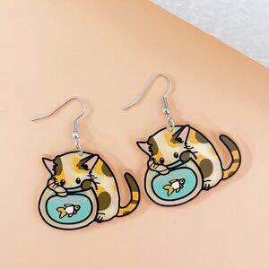Cute Cat Earrings with Fish Bowl Design